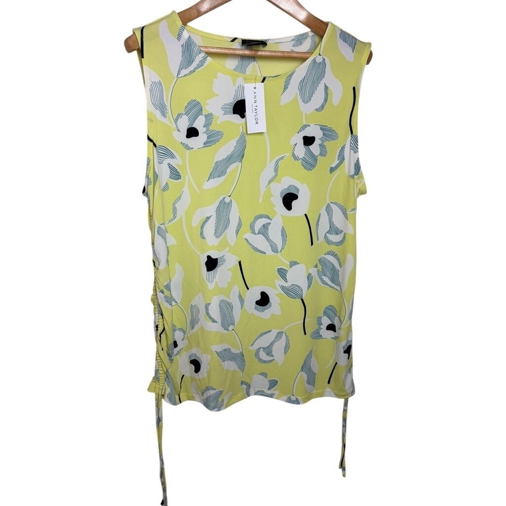 Ann Taylor Factory Yellow Floral Sleeveless Side Cinch Blouse Top Large NWT